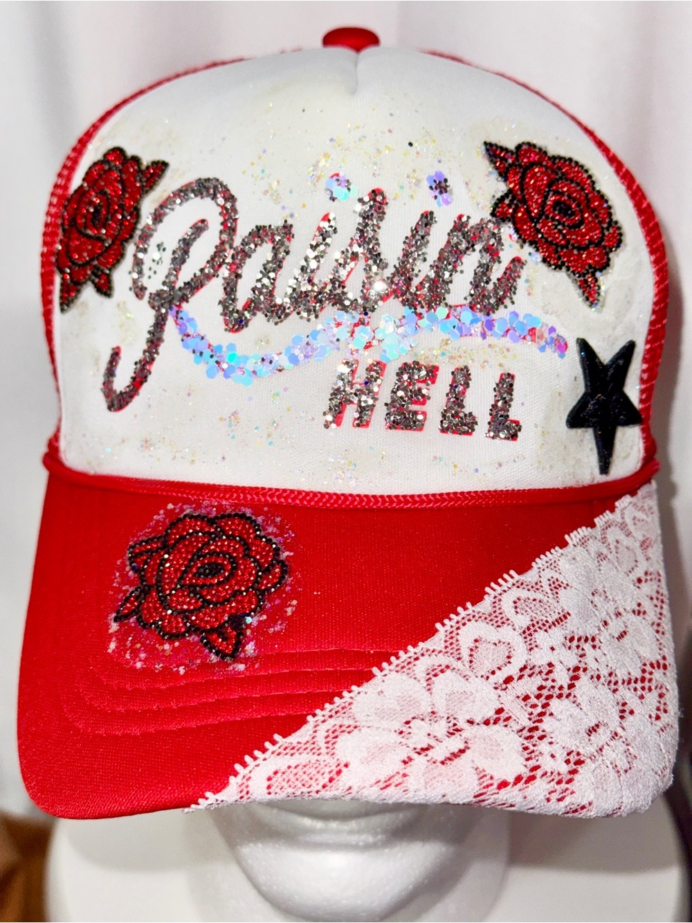 CUSTOM MADE “Raisin’ Hell” Red and White Women's Cap